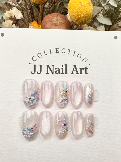 3D Colorful Petals Cat Eye Press On Nails: Reusable Custom Shape Set