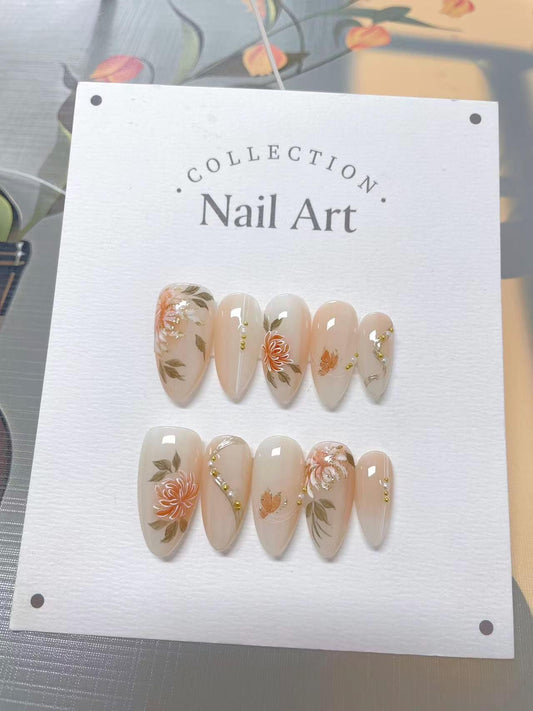 Custom Nail Shape Hand Painted Mum Press on Nails, Reusable Comfortable Nails