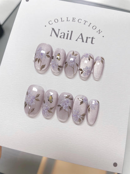 Lavender Butterfly Cat Eye Press On Nails: Hand Painted Reusable Faux Nails