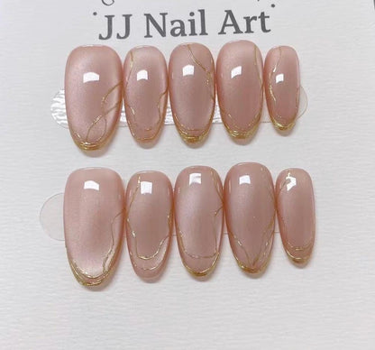 Silky Peach Cat Eye Hand Painted Press On Nails: Custom Shape Reusable Nail Set