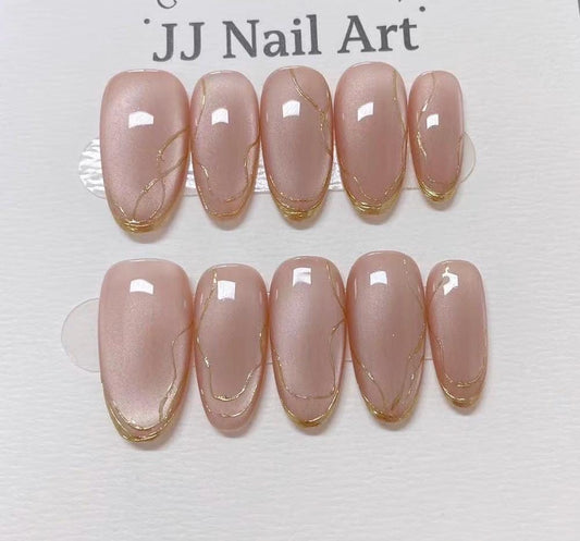 Silky Peach Cat Eye Hand Painted Press On Nails: Custom Shape Reusable Nail Set