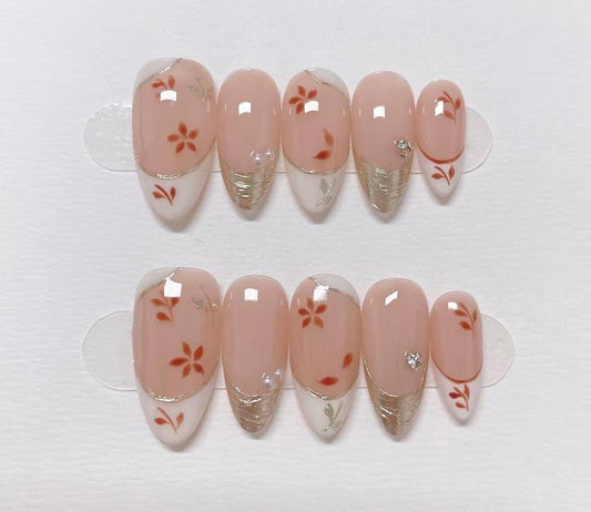 Custom Shape Press On Nails: Red Petals French Tip Hand Painted, Reusable Fake Nails