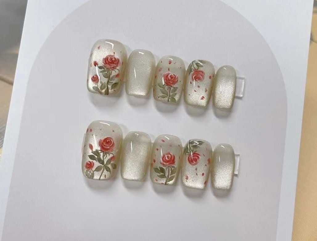 Handmade Black Rose Press On Nails: Reusable Gel Coquette Nails