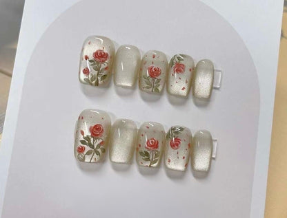 Handmade Black Rose Press On Nails: Reusable Gel Coquette Nails