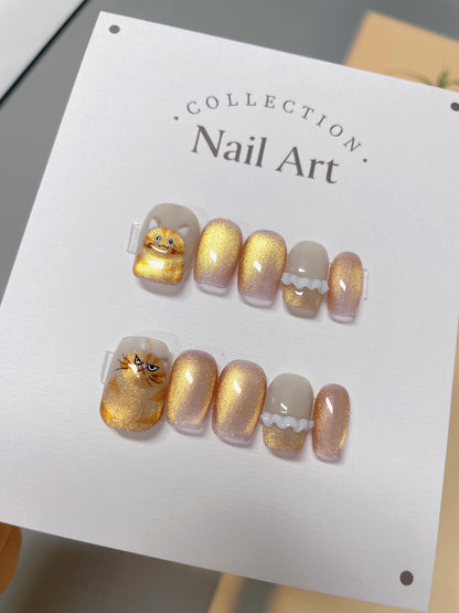 Handmade Fall Rose Press On Nails: Brown & Gold Gel, Reusable