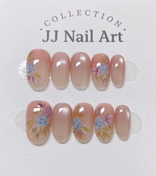 Handmade Blue Purple Roses Cat Eye Press On Nails: Reusable Set