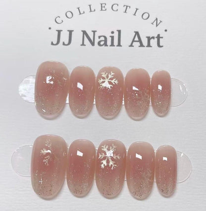 Crystal Snow Flakes Hand Painted Press On Nails:  Custom Shape Reusable Nails