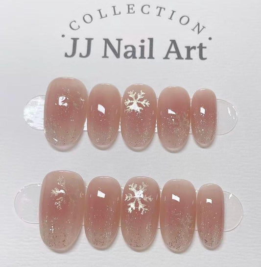 Crystal Snow Flakes Hand Painted Press On Nails:  Custom Shape Reusable Nails