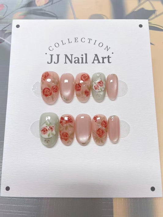 Rose Banquet Hand Painted Press On Nails: Custom Shape Reusable Nail Set
