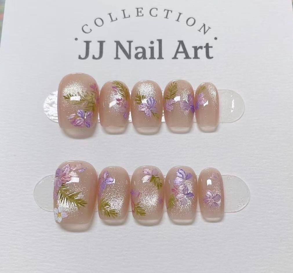 Handmade Purple Flowers Cat Eye Press On Nails: Reusable Set