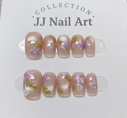 Handmade Purple Flowers Cat Eye Press On Nails: Reusable Set