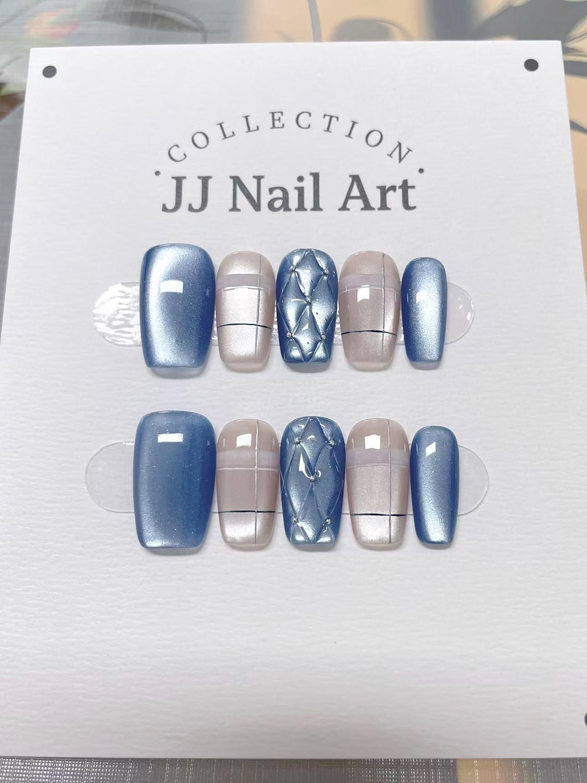 Blue Pattern Cat Eye Press On Nails: Custom Shape Reusable Nail Set
