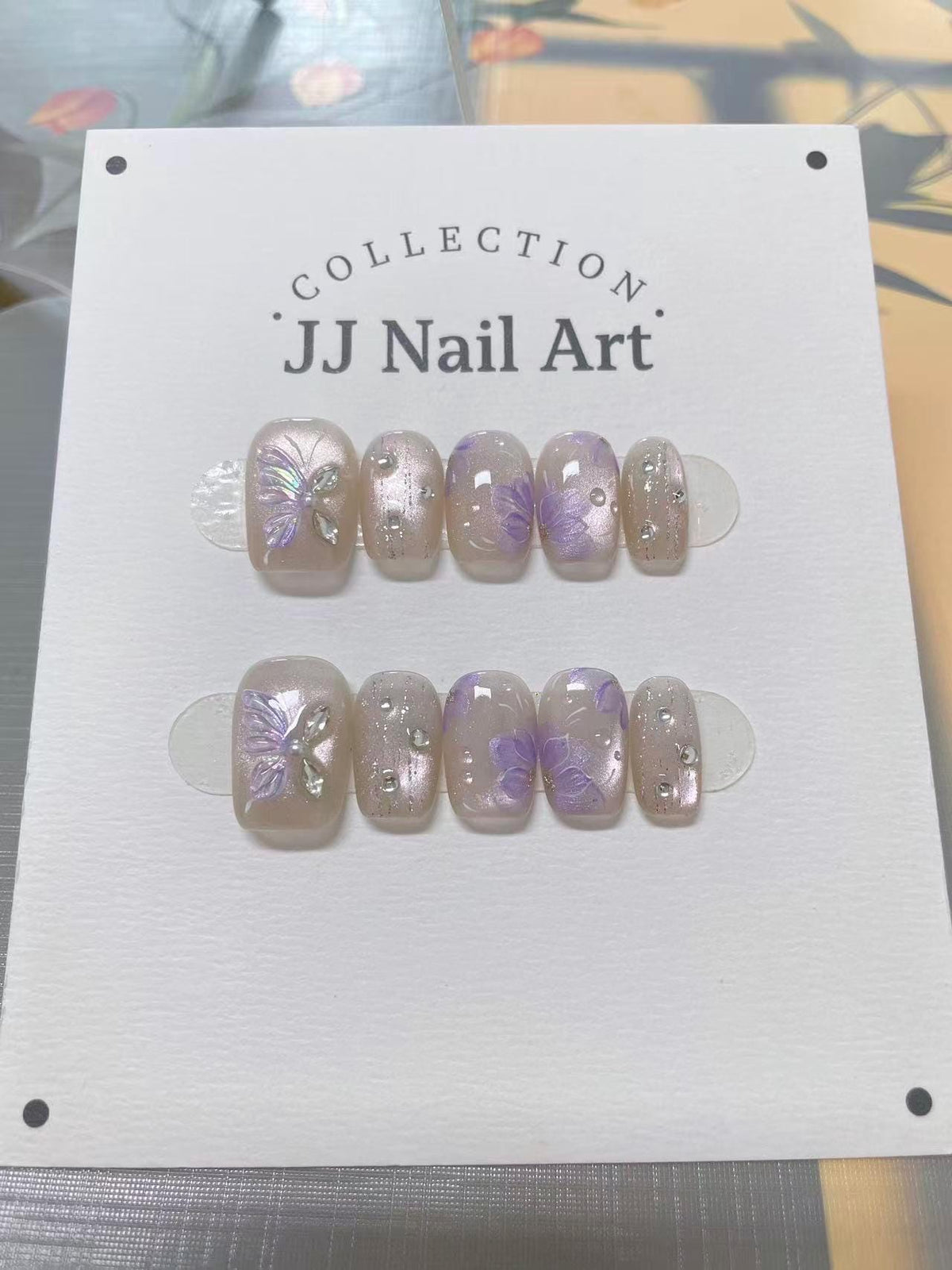 Handmade Purpke Petals Butterflies Cat Eye Press On Nails: Reusable Nail Set