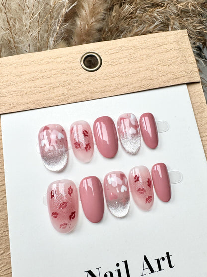 Valentines Day Hearts Cat Eye Customized Press on Nails, Hand Painted Fake Nails, Fancy Cute Nails, Artist Faux Nails, Reusable Premium Nail
