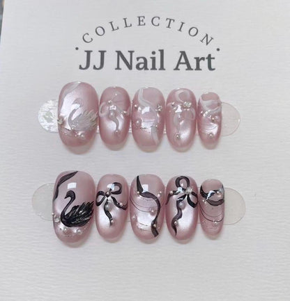 Handmade Swans French Press On Nails: Reusable Set
