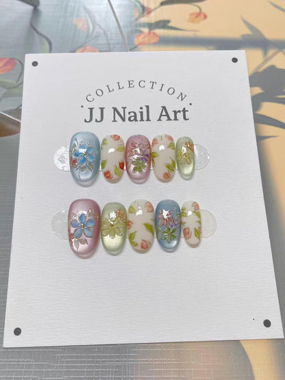 Colorful Petals Press On Nails: Custom Shape Reusable Set
