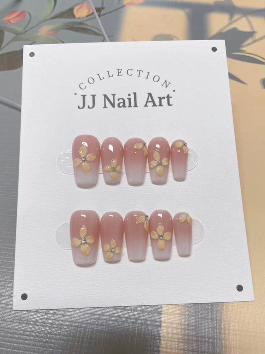3D Yellow Petals Ombre Press On Nails: Hand Painted Reusable Fake Nails