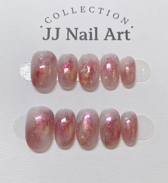 Handmade Pink Smudge Glitters Press On Nails: Reusable Set