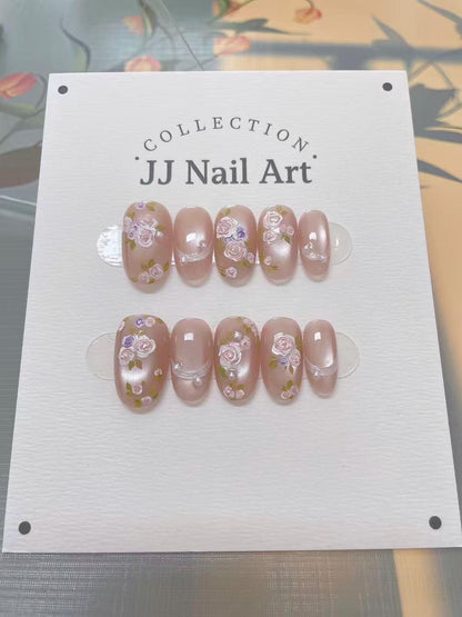 Handpainted Flowers Cat Eye Press On Nails: Reusable Set