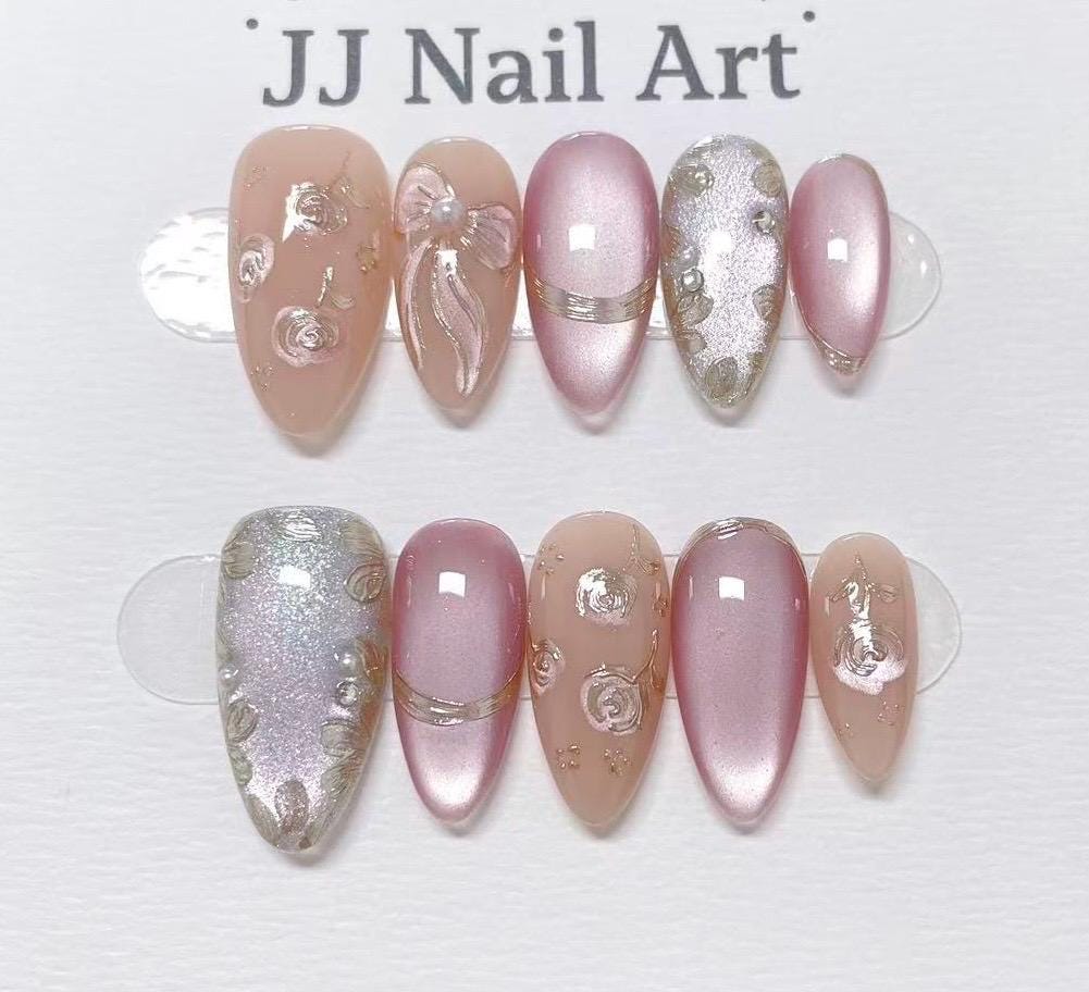 Hand Painted Rose Press On Nails: Cat Eye, Reusable Nail Set