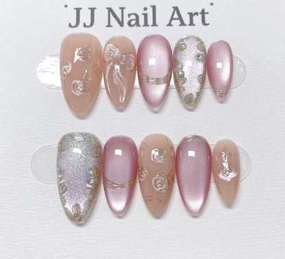 Hand Painted Rose Press On Nails: Cat Eye, Reusable Nail Set