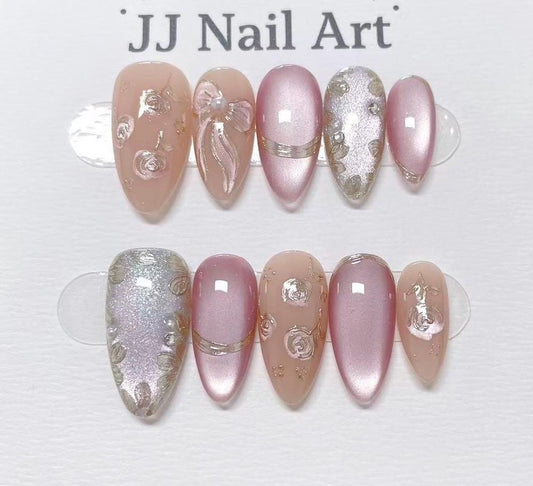 Hand Painted Rose Press On Nails: Cat Eye, Reusable Nail Set