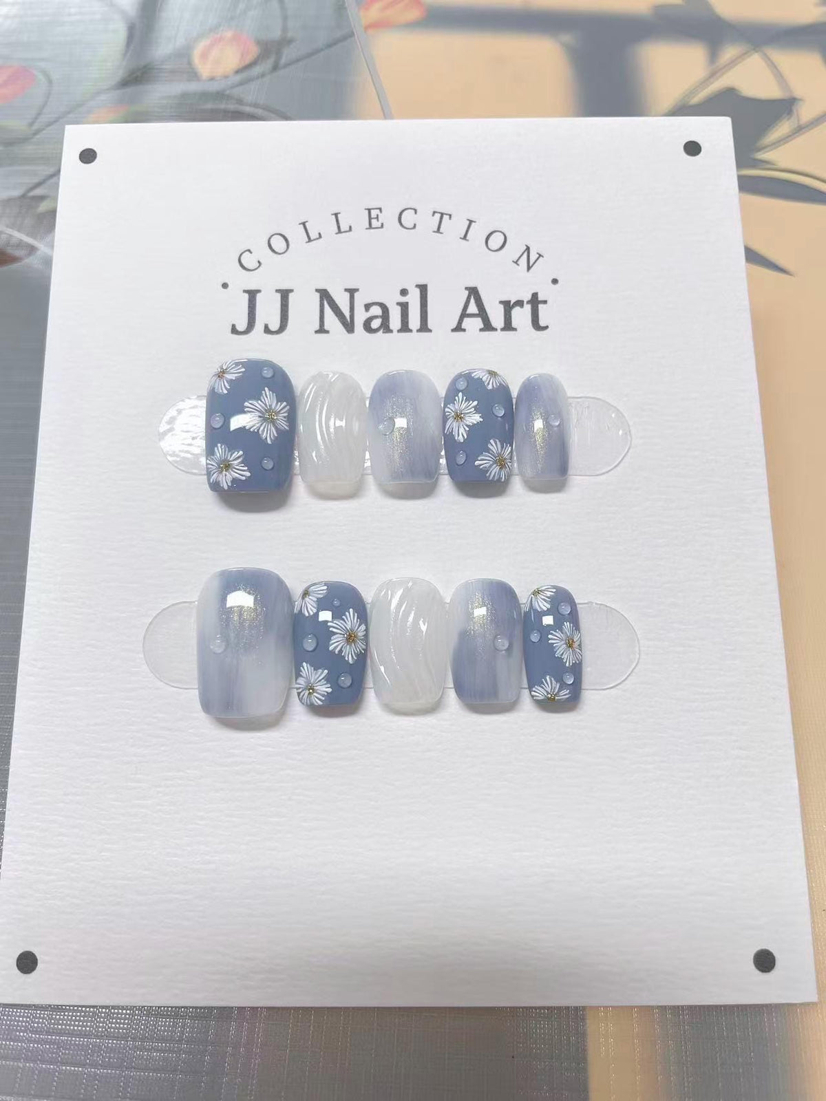 White Petals Hand Painted Press On Nails: Custom Shape Reusable Nail Set