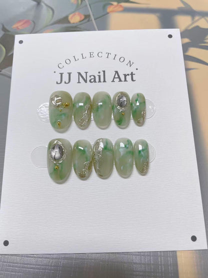 Green Smudge Handmade Press On Nails: Reusable Custom Shape Set