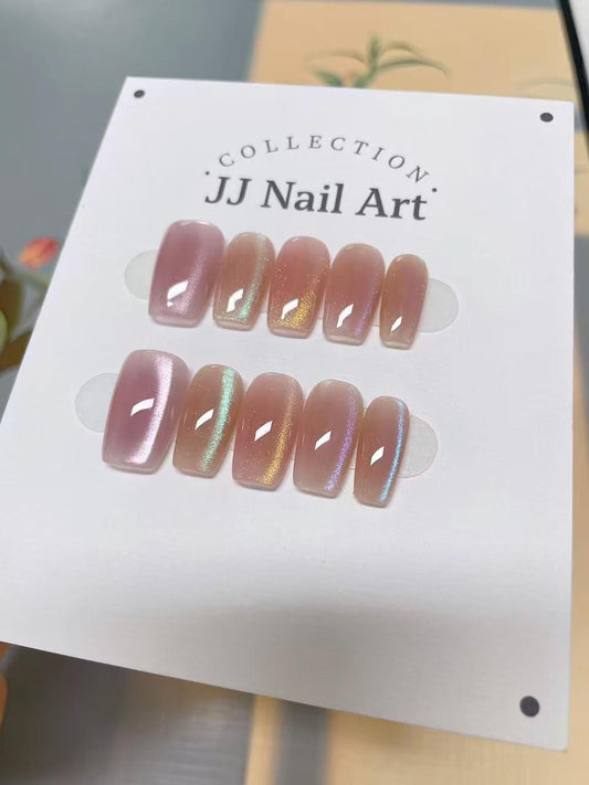 Colorful Cat Eye Hand Painted Press On Nails: Custom Shape Reusable Nail Set