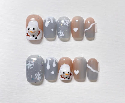 Hand Painted Snowman Press On Nails: Christmas Reusable Faux Nails