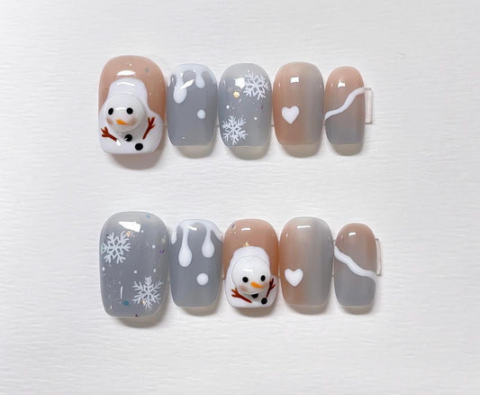 Hand Painted Snowman Press On Nails: Christmas Reusable Faux Nails