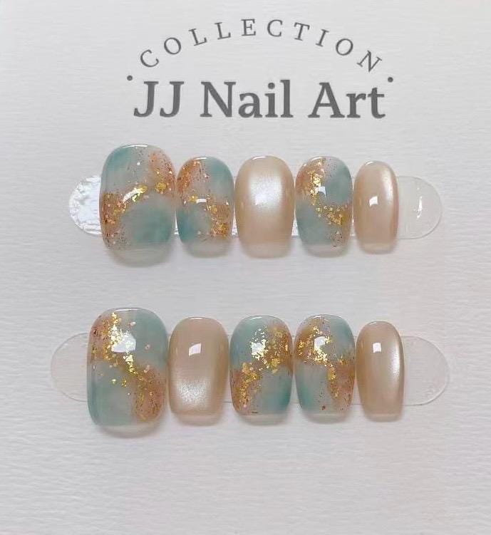 Handmade Green Gold Smudge Cat Eye Press On Nails: Reusable Set
