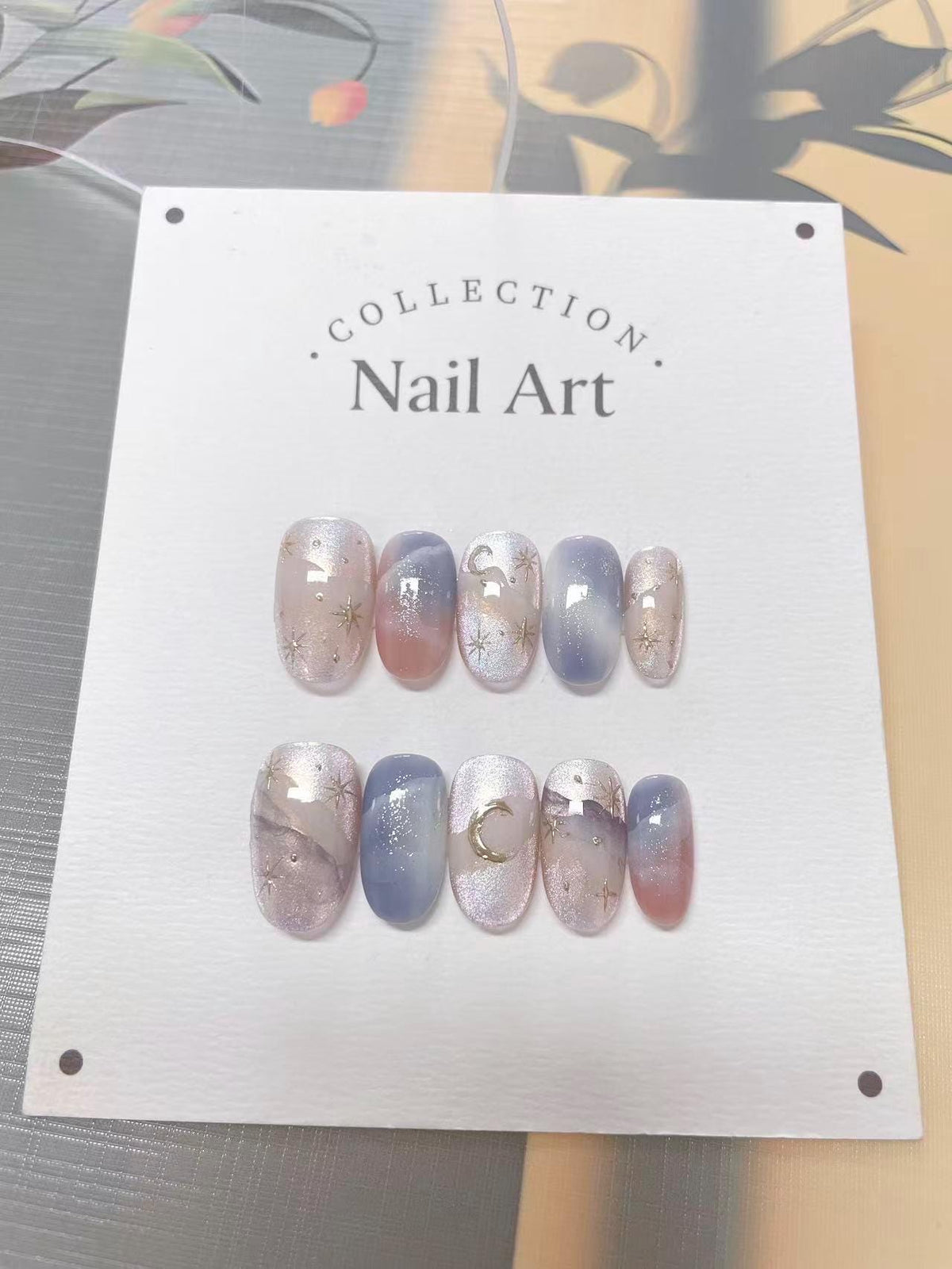 Custom Nail Shape Hand Painted Moon and Star Ombre Press On Nails, Comfortable Nails