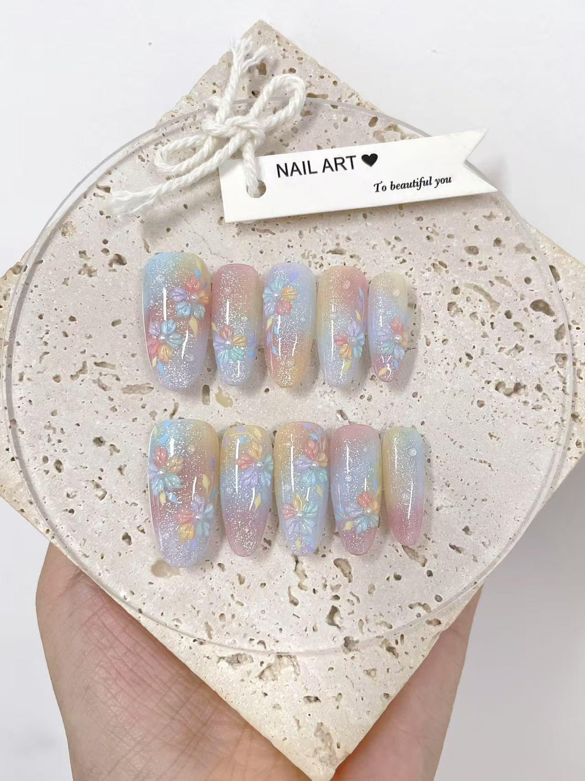 Hand Painted Rainbow Flower Press On Nails: Reusable Artist Faux Nails