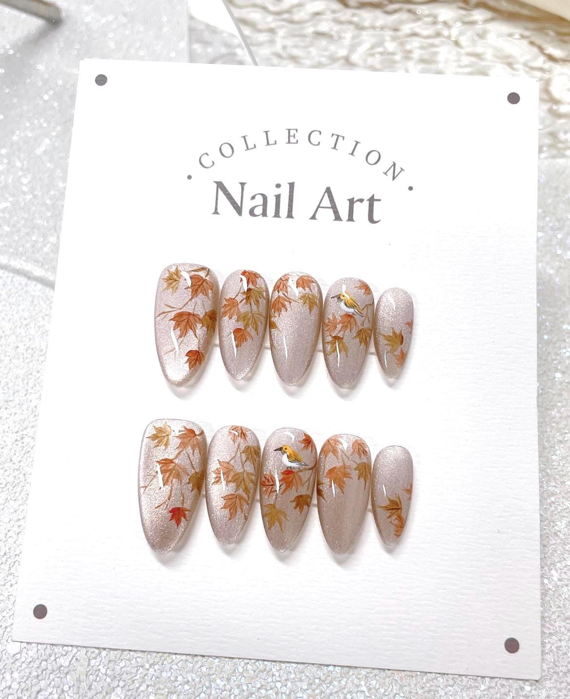 Handmade Watercolor Autumn Leaves Press On Nails: Bird Accent, Reusable