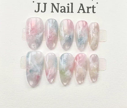 Handmade Pastel Smudge Petals Press On Nails: Reusable Custom Shape Set