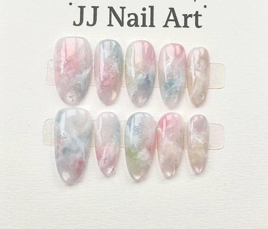 Handmade Pastel Smudge Petals Press On Nails: Reusable Custom Shape Set