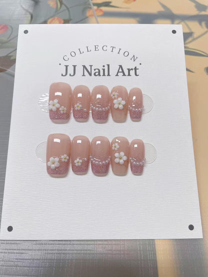 White Petals Glitter Handmade Press On Nails: Reusable Custom Shape Set, Pastel Colors