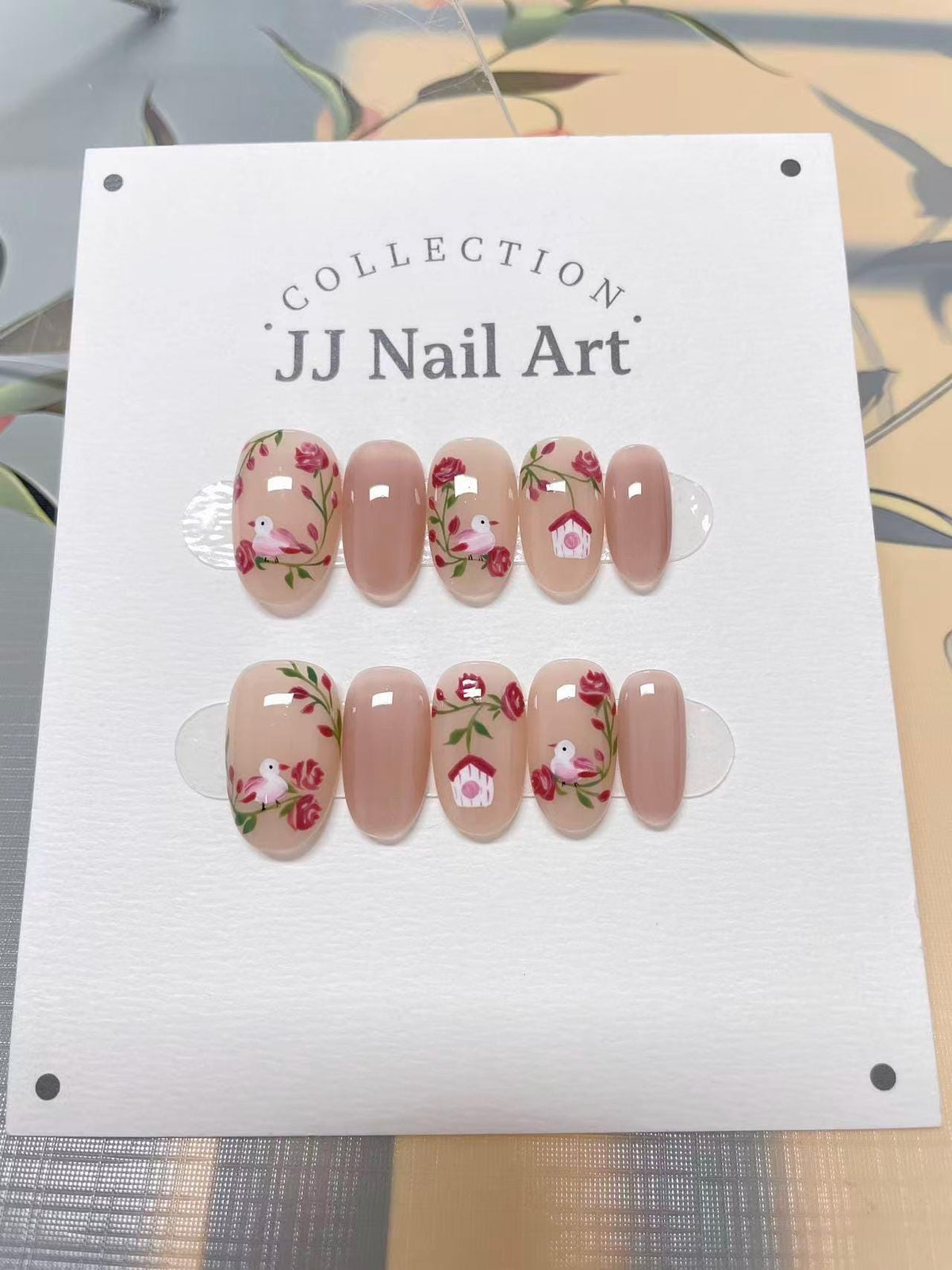 Birds And Flower Press On Nails: Custom Shape Reusable Nail Set
