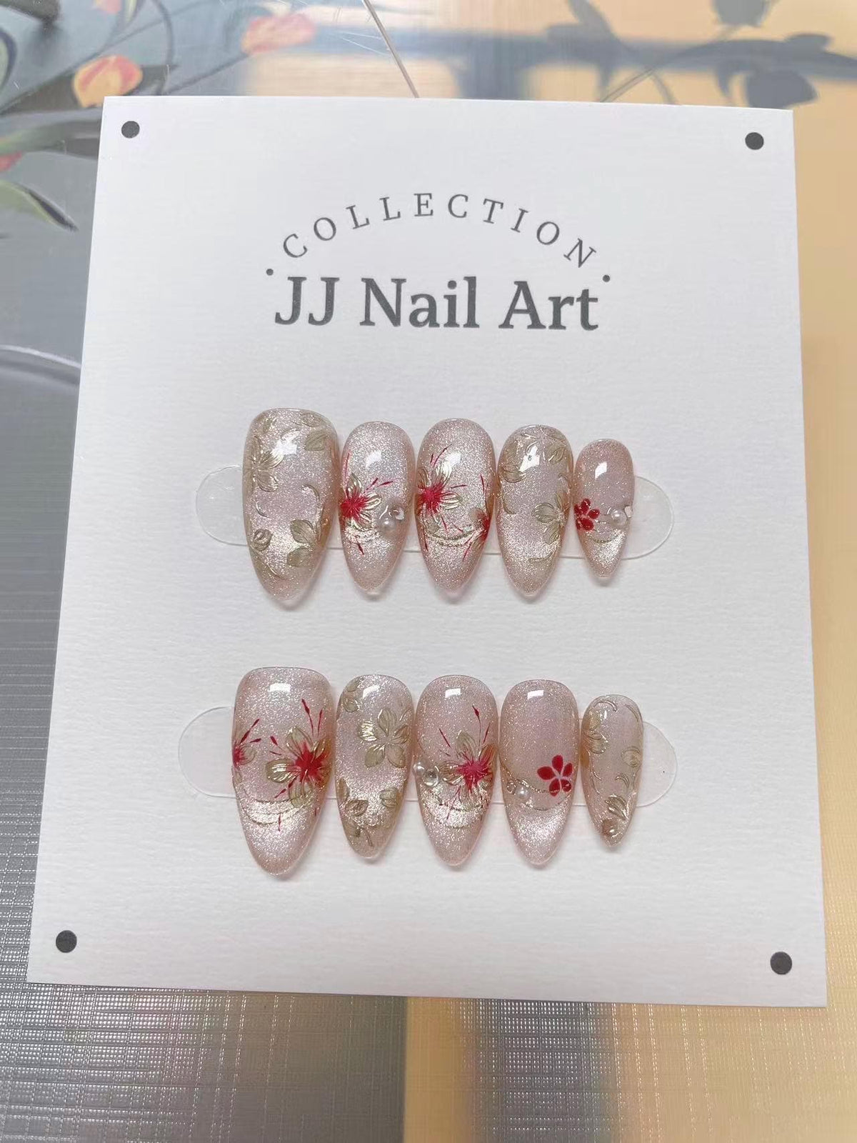 Red And Gold Petals Cat Eye Press On Nails: Hand Painted Reusable Fake Nails