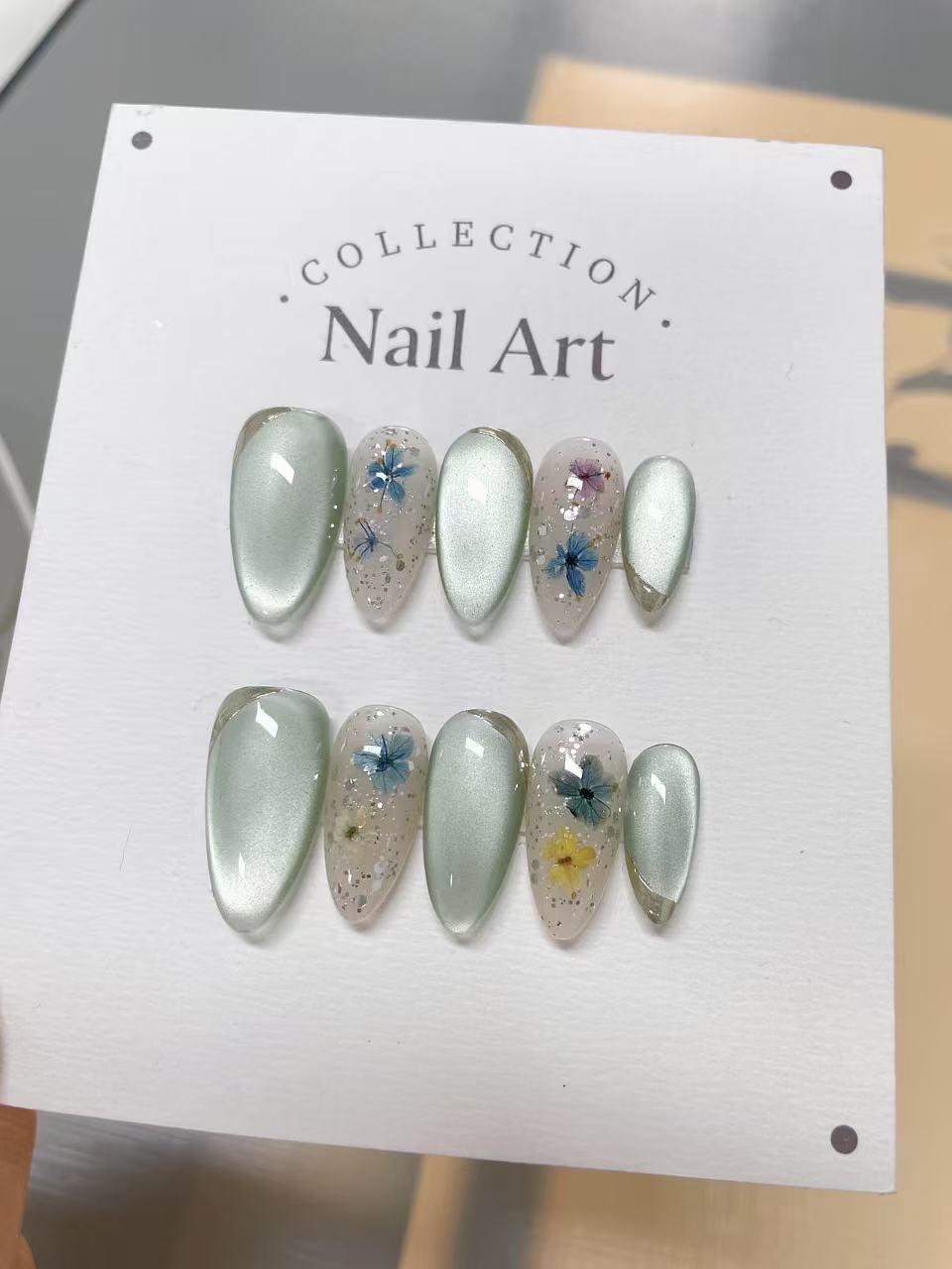Hand Painted Press On Nails: Summer Fields Floral Reusable Faux Nails