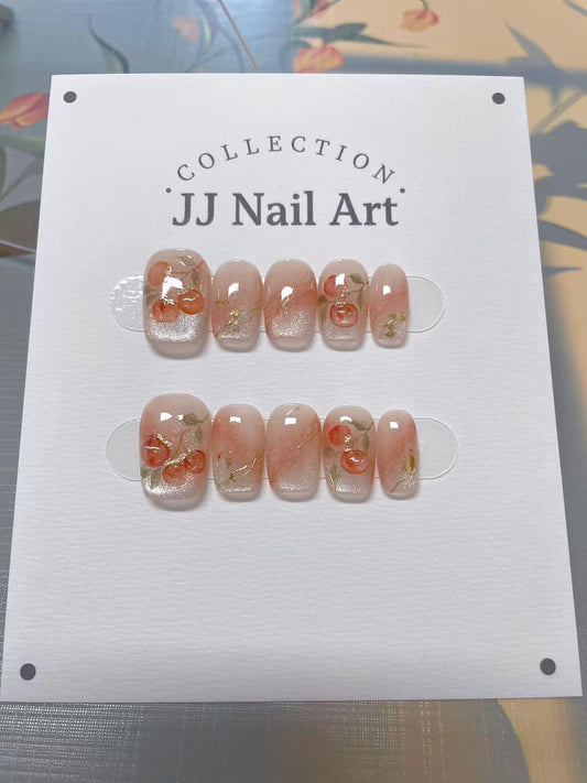 Handmade Fall Fruit Cat Eye Press On Nails: Reusable Nail Set