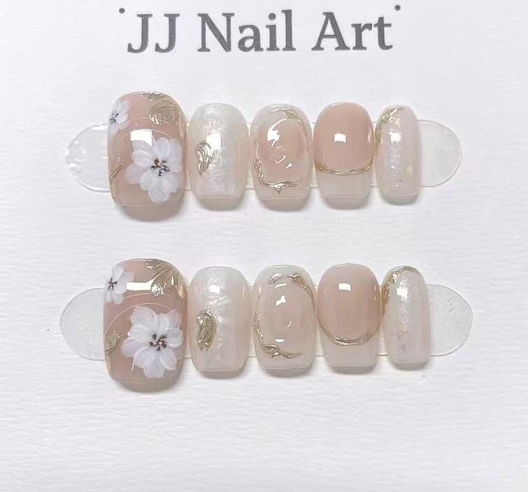 White Petals Blushed Hand Painted Press On Nails: Custom Shape Reusable Nail Set