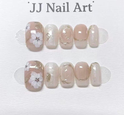 White Petals Blushed Hand Painted Press On Nails: Custom Shape Reusable Nail Set