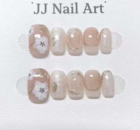 White Petals Blushed Hand Painted Press On Nails: Custom Shape Reusable Nail Set