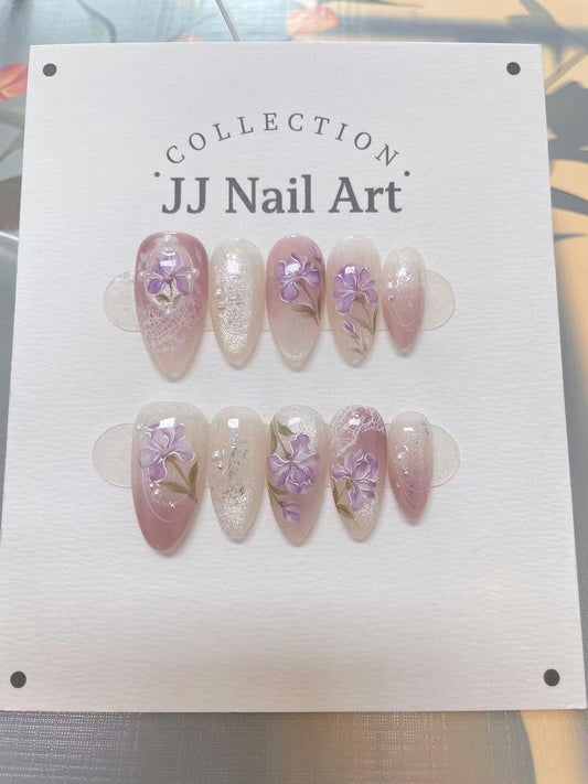 Handmade Purple Flowers Cat Eye Press On Nails: Reusable Nail Set