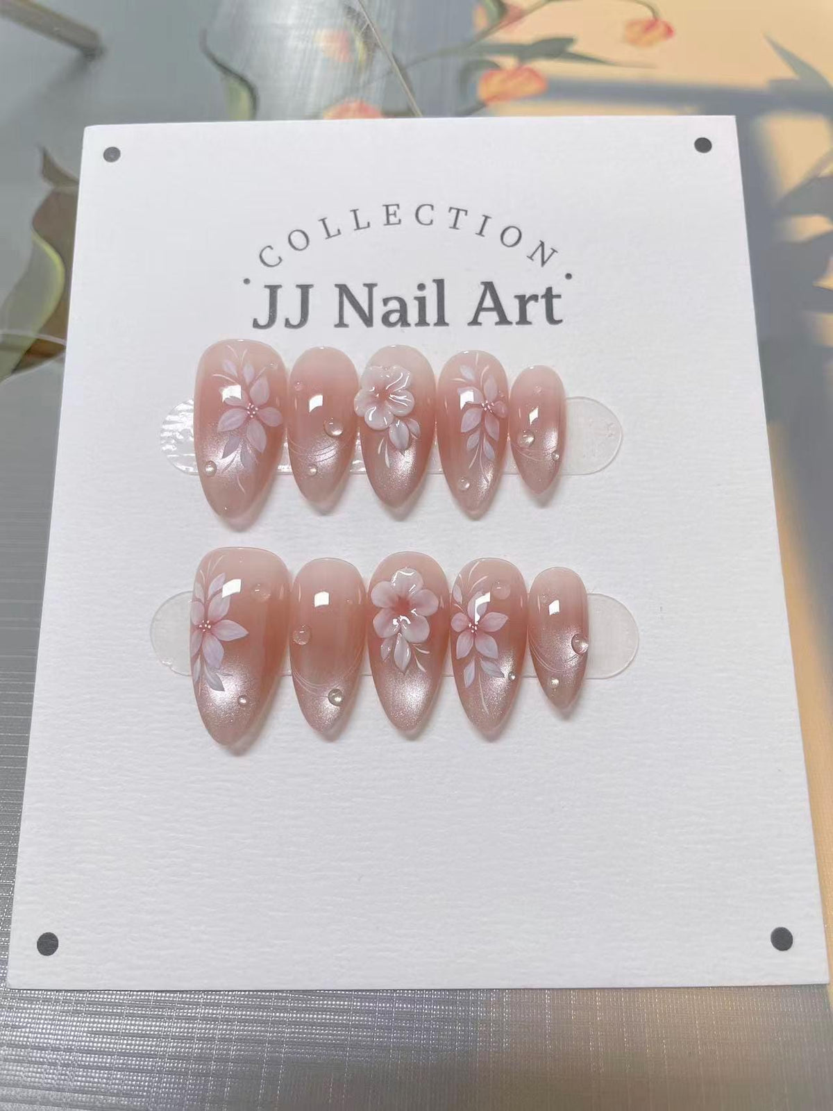 Handmade 3D Pink Flowers Cat Eye Press On Nails: Reusable Set