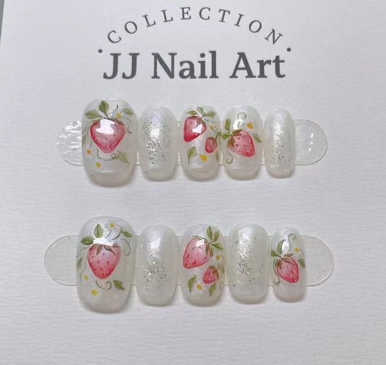 Handmade Water Color Strawberry Press On Nails: Reusable Set