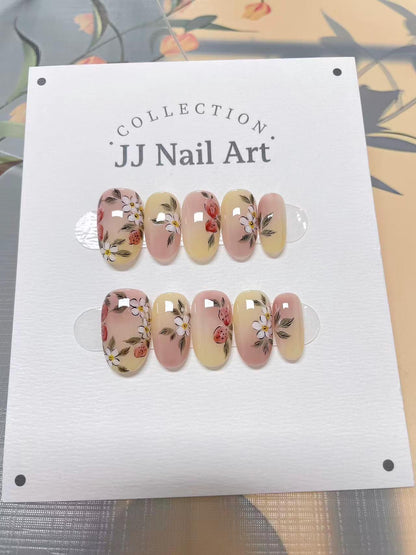 Yummy Strawberries Hand Painted Press On Nails: Custom Shape Reusable Nail Set