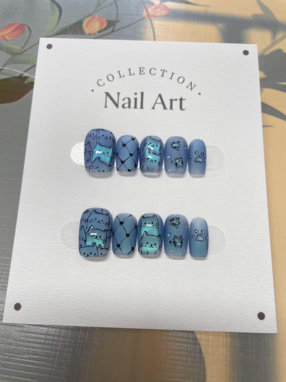 Lenticular Blue Cats Press On Nails: Hand Painted Reusable Faux Nails